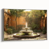 Framed canvas depicting a vintage black and colorful landscape art painting featuring architectural and fountain elements.