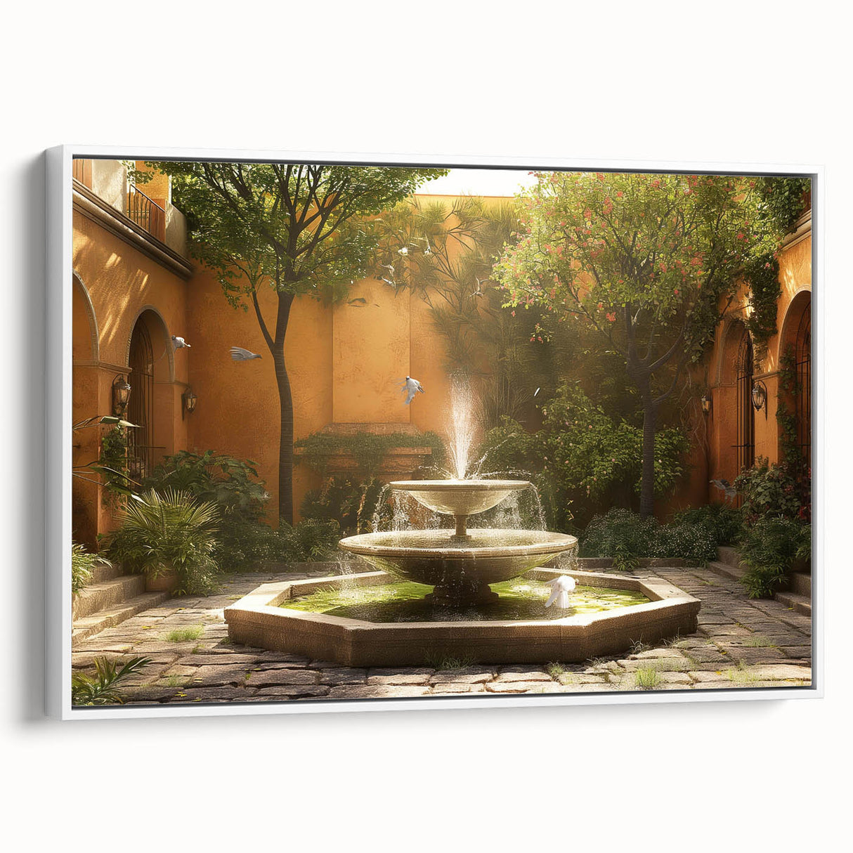Vintage poster art of an architectural fountain design in colorful hues on a framed white canvas.