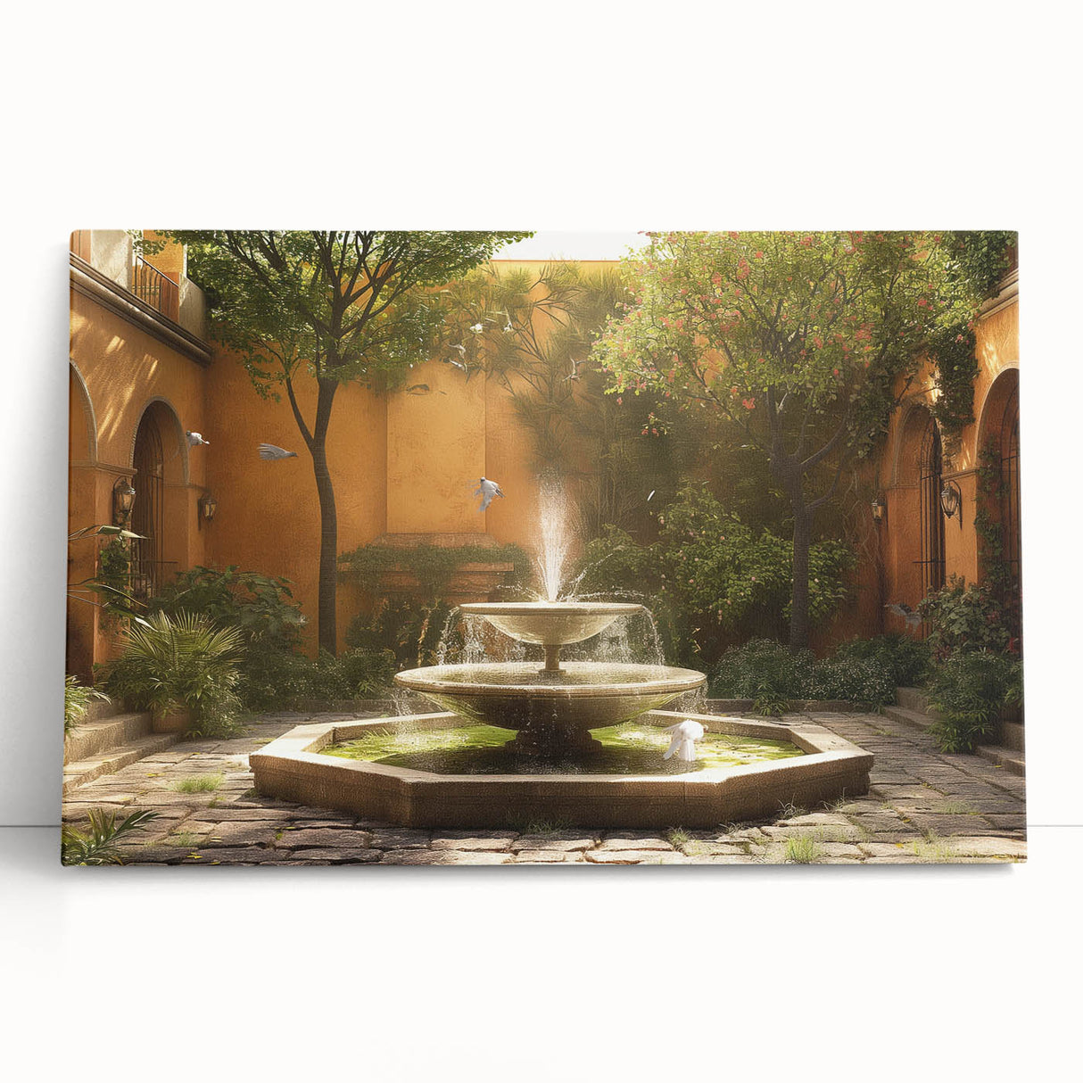 Black and white photograph of an architectural fountain design on stretched canvas, suitable as large kitchen wall art.