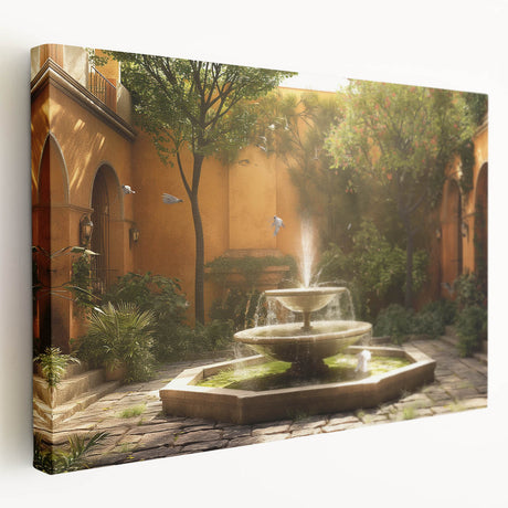 Architectural fountain design on large stretched canvas, featuring gray and blue tones, ideal for kitchen wall art.