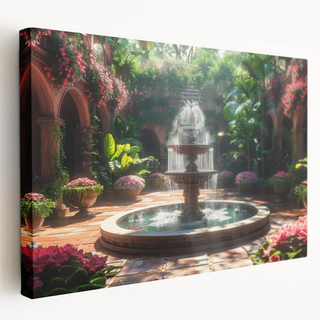 Side view of a large stretched canvas featuring a monochrome architectural fountain design, ideal for kitchen wall art.