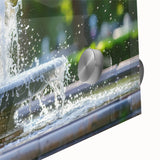 Large abstract wall art print on acrylic glass featuring mid-century modernist architecture and fountain design in muted…
