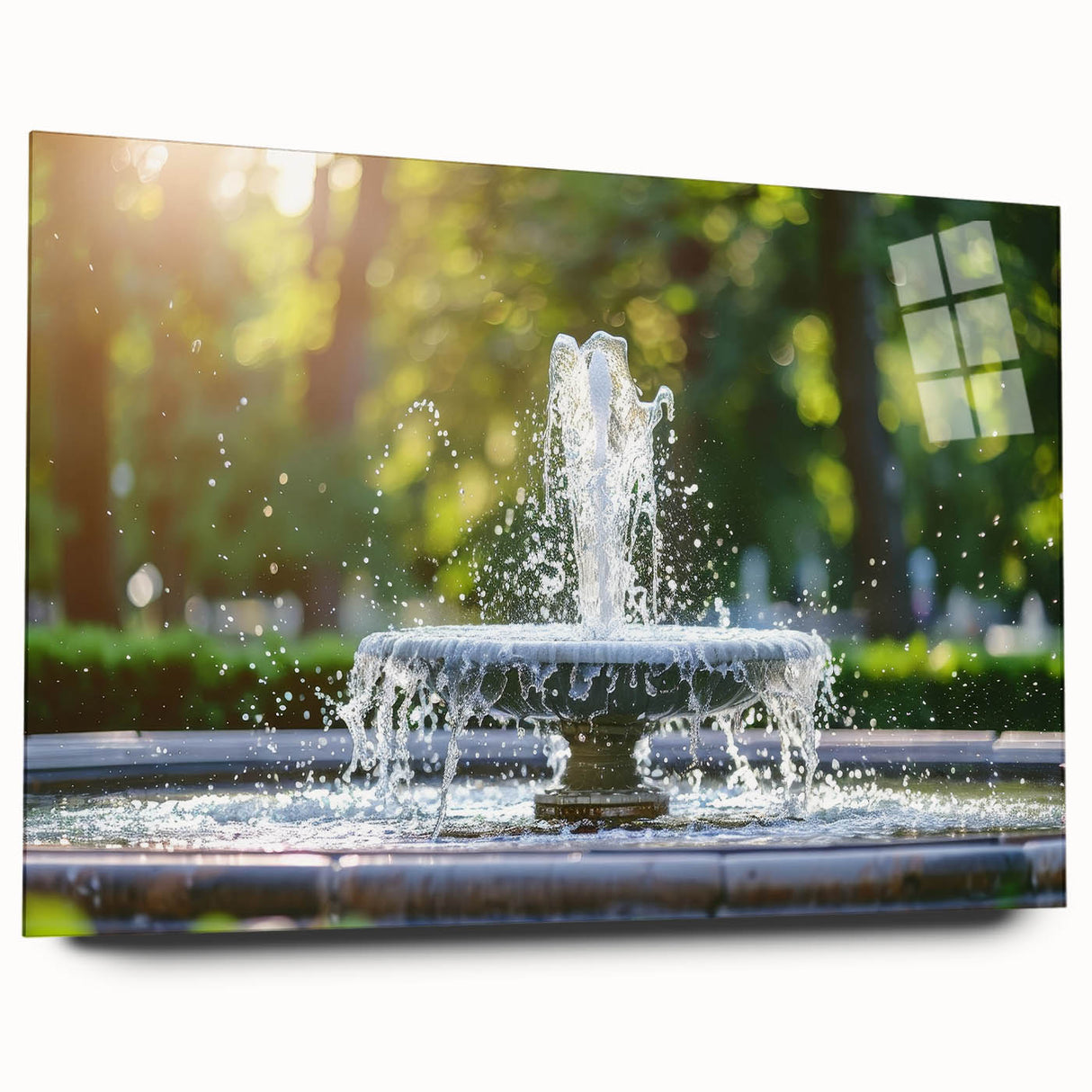 Large abstract wall art on acrylic glass depicting a fountain design in muted blue and gray tones.