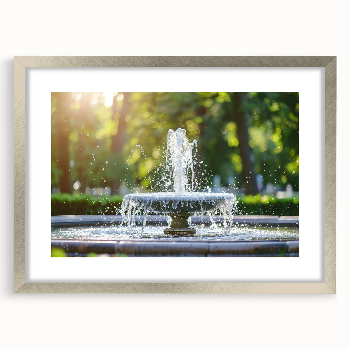 Textured abstract art print featuring a silver-framed fountain design in muted gray tones, ideal for modern bedroom decor.
