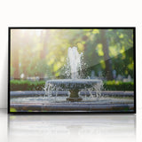 Large abstract wall art featuring a mid-century modernist fountain design in black and white, framed in acrylic.