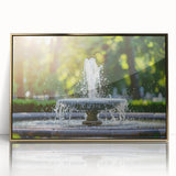 Mid-century modernist acrylic print of an architectural fountain design in gold tones, ideal for modern art wall decor.