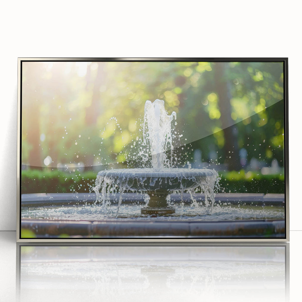 Mid-century modernist art featuring an architectural fountain design in muted silver tones on a framed acrylic print.