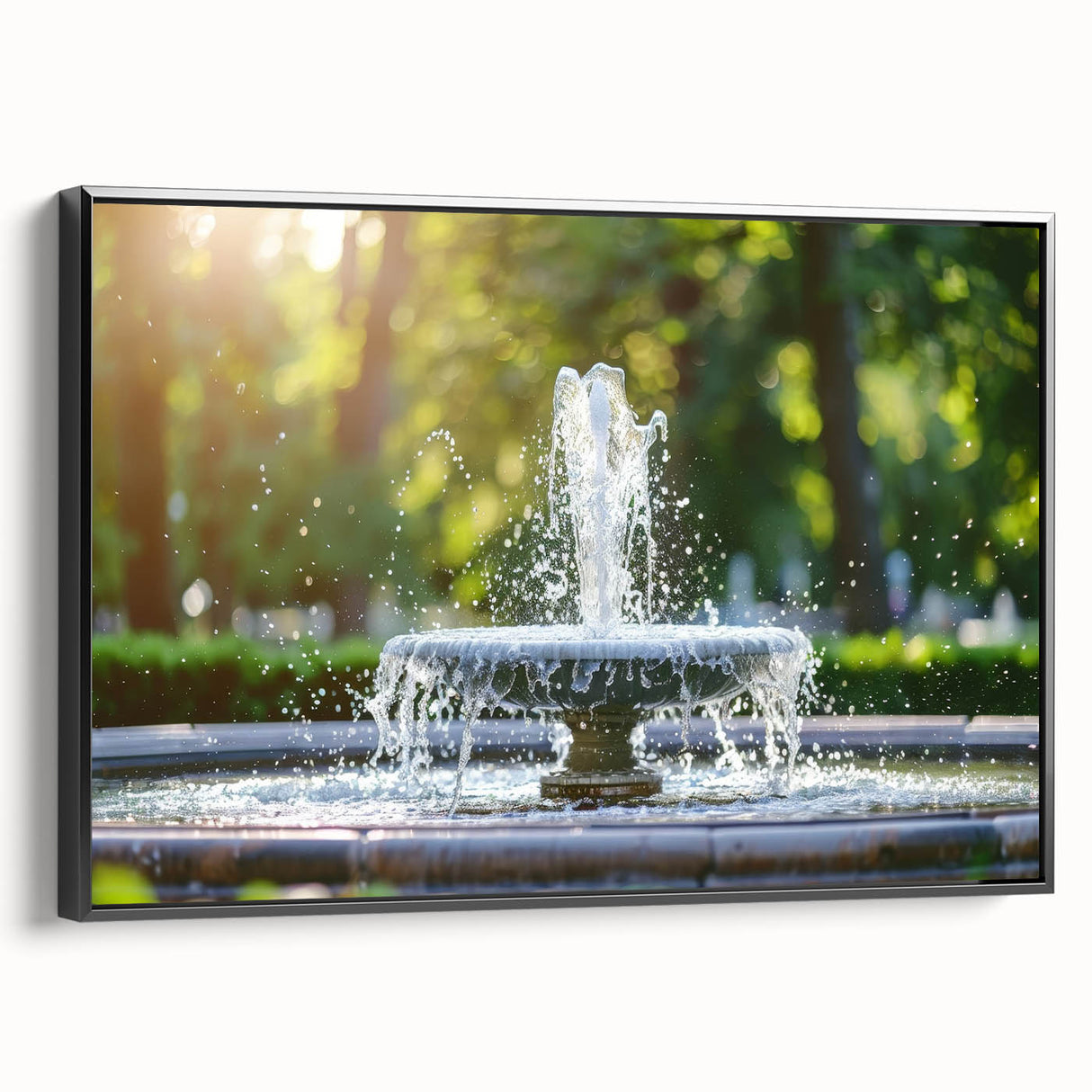 Black and white framed canvas depicting a vintage landscape with a fountain, ideal for bedroom wall decor.
