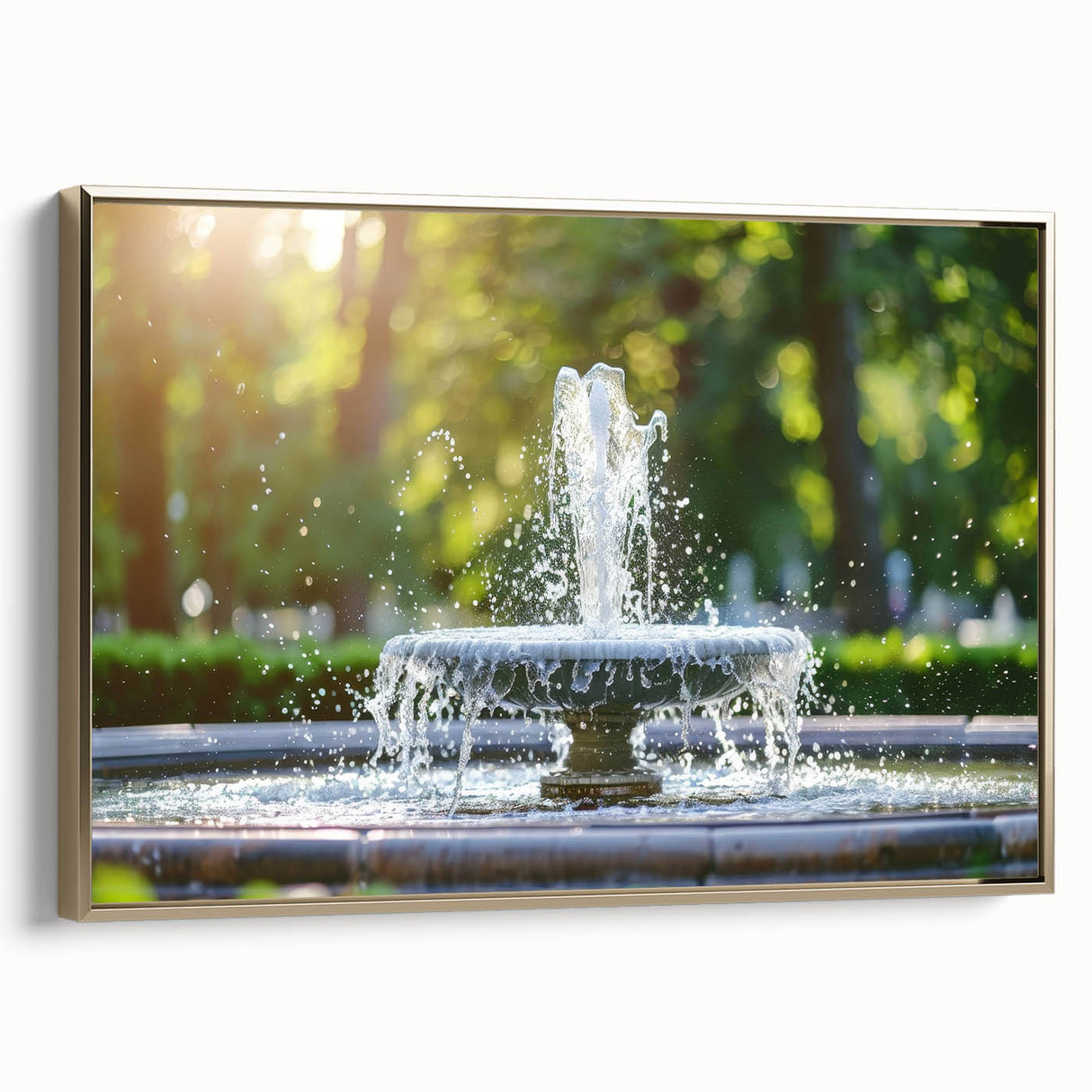 Framed canvas featuring a vintage poster of a landscape with a fountain, in gold and black tones.