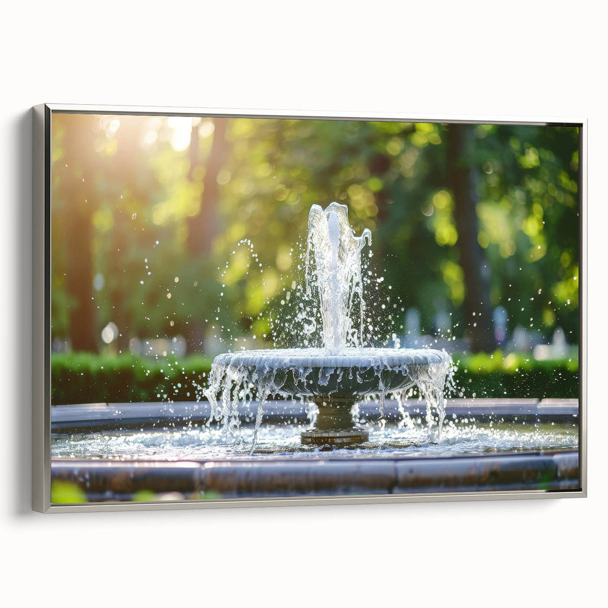 Landscape art painting of a fountain with colorful art on silver-framed canvas, ideal for adding character to a living room.