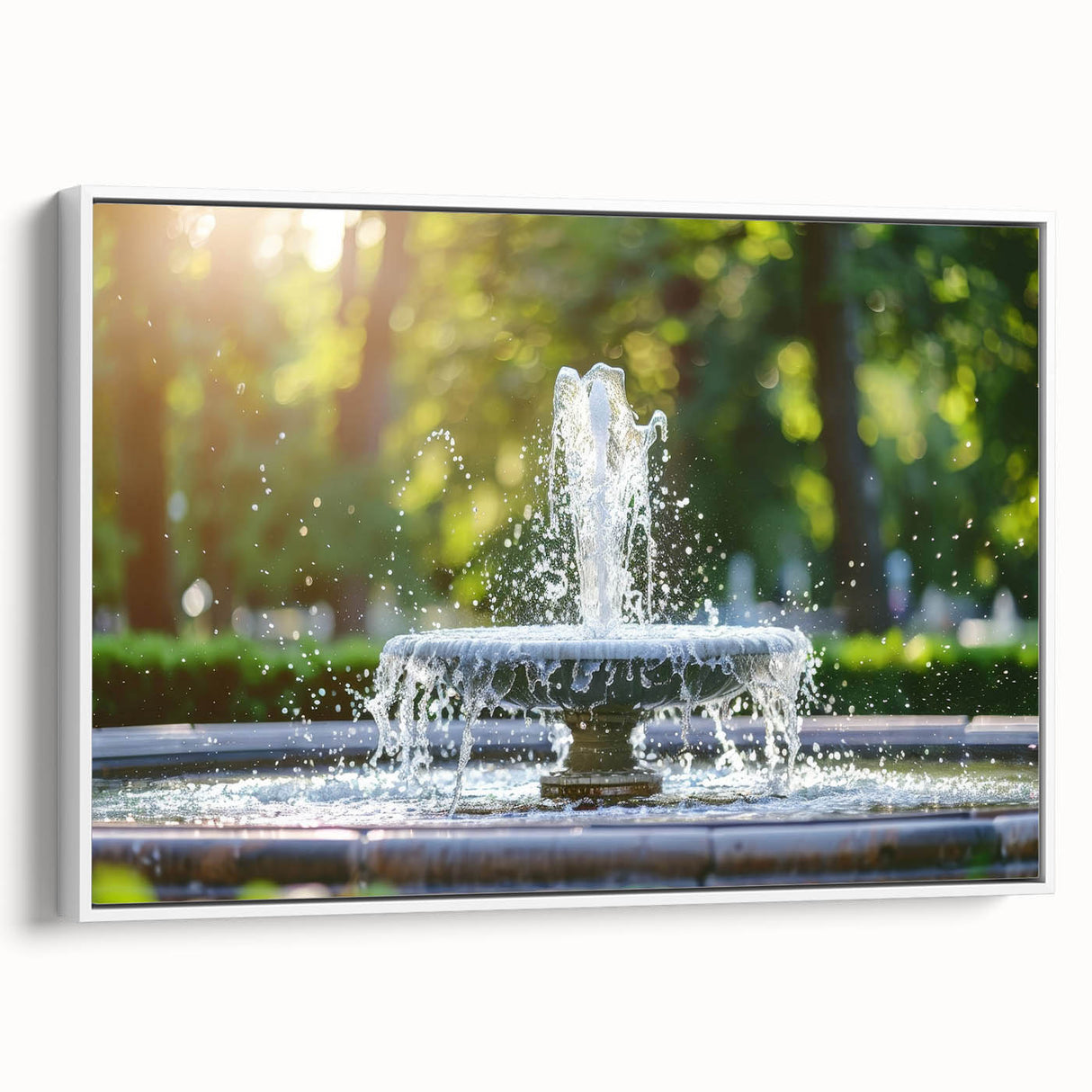 Vintage poster art of a fountain design on a framed canvas, featuring black and colorful hues, ideal for living room decor.