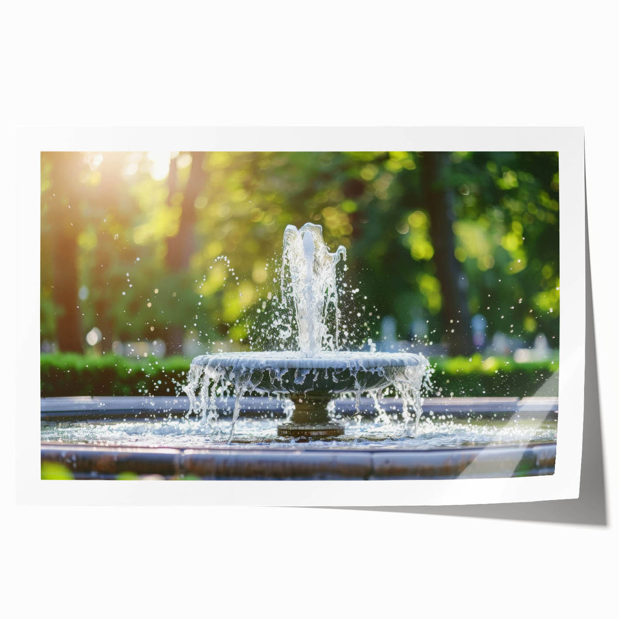 Extra large rolled print of a classical fountain architecture in muted gray tones.