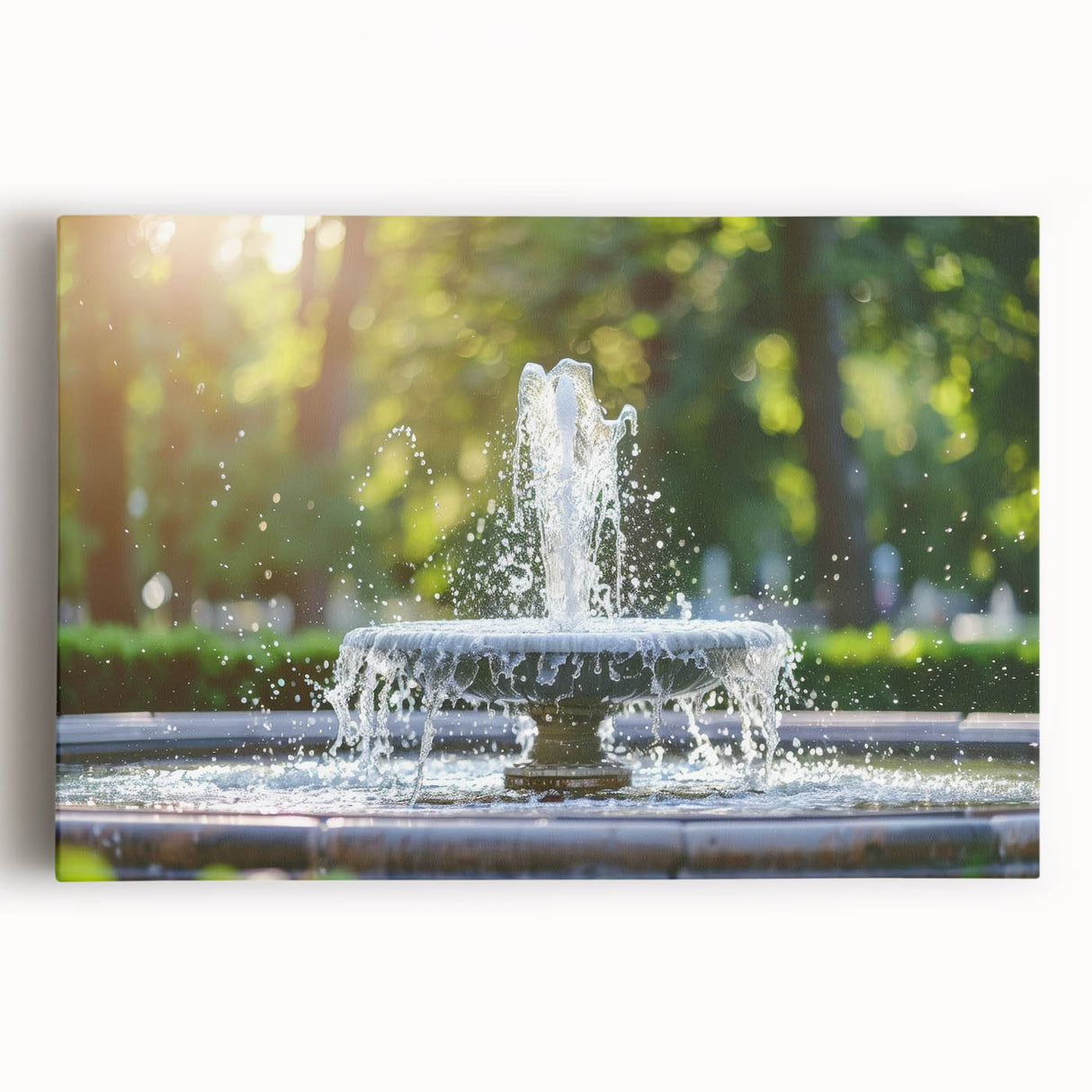Black and white large art print of an architectural fountain design on stretched canvas, suitable for kitchen wall art.