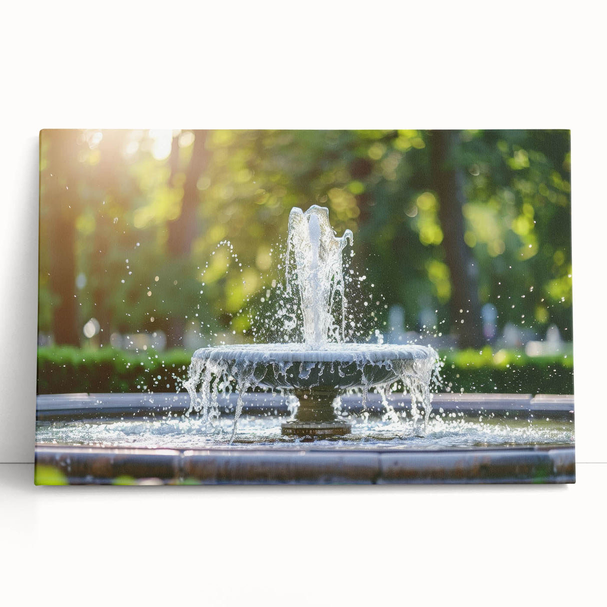 Black and white photo of an architectural fountain design on large stretched canvas.