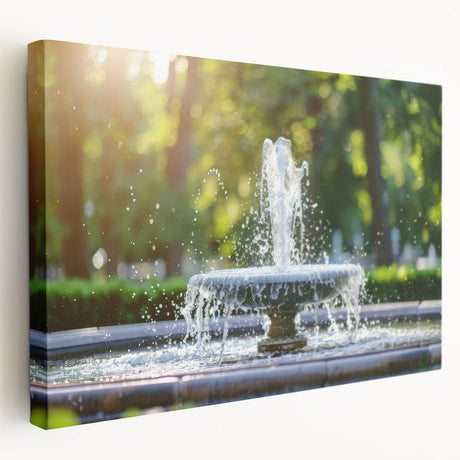 Large acrylic print of a modernist architecture fountain design in muted gray and blue tones.
