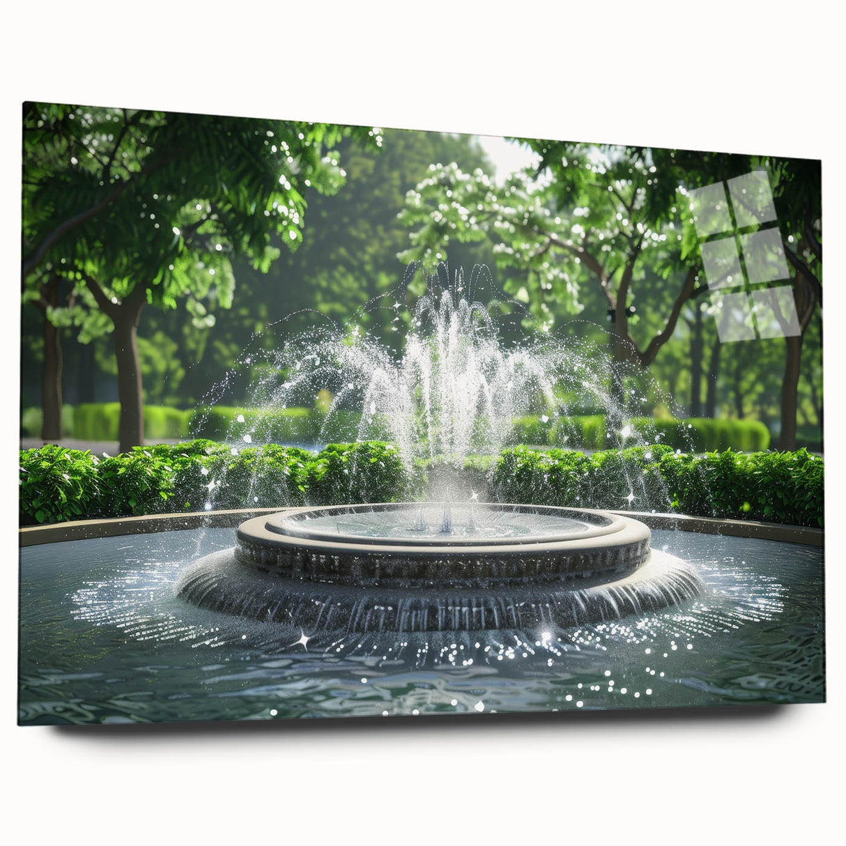 Large abstract wall art on acrylic glass showcasing a fountain design in muted blue and gray tones.