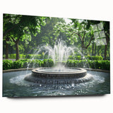 Large abstract wall art on acrylic glass showcasing a fountain design in muted blue and gray tones.