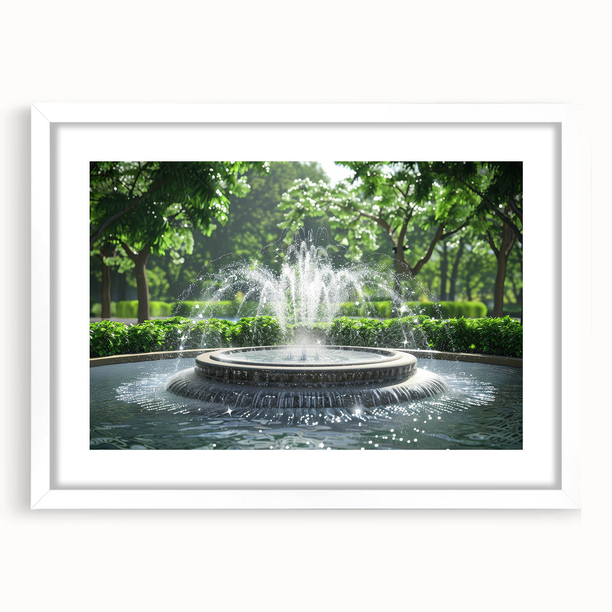 Abstract art print featuring geometric shapes in muted gray and blue tones, framed with a white mat.