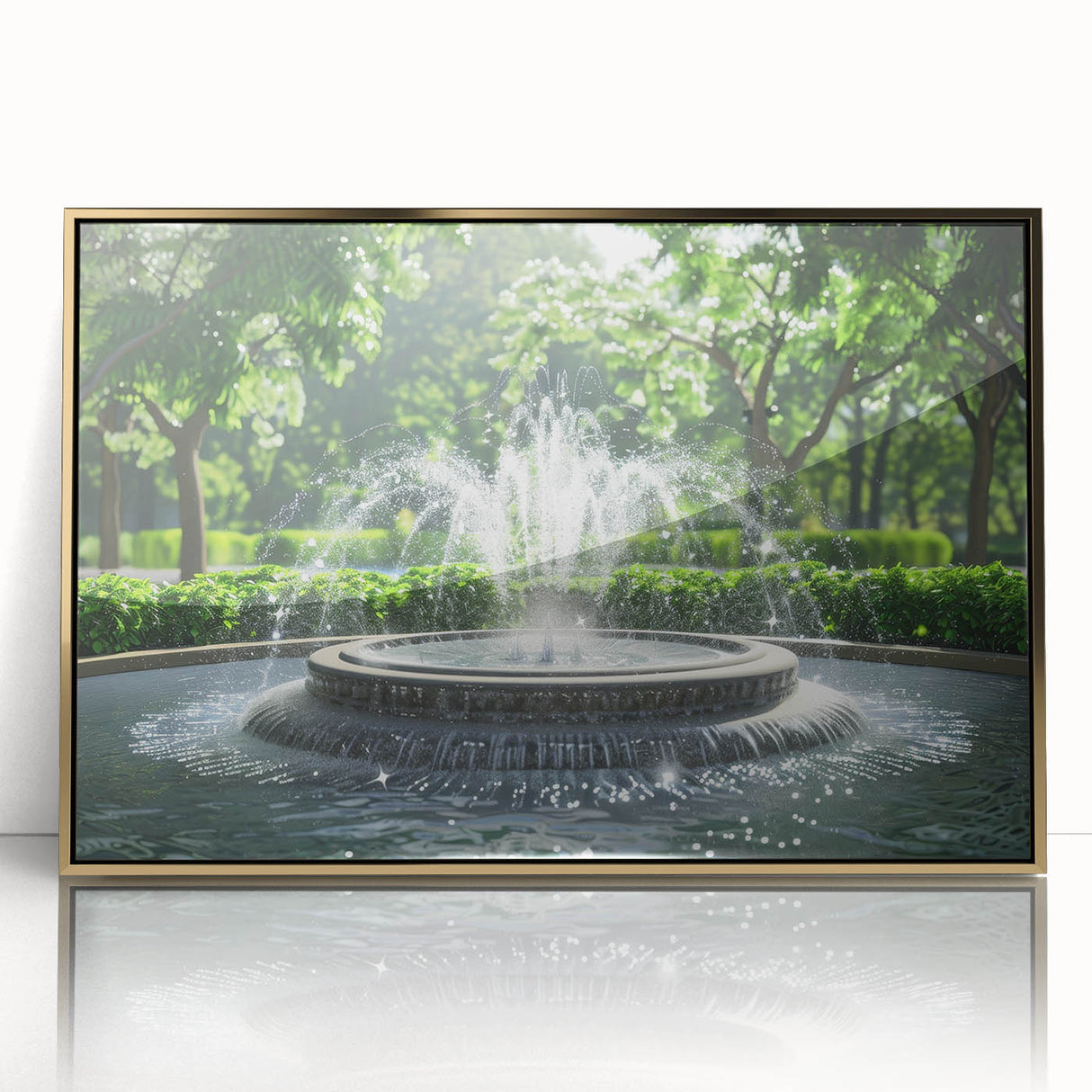 Mid-century modernist fountain design in gold and black tones on a large framed acrylic print.