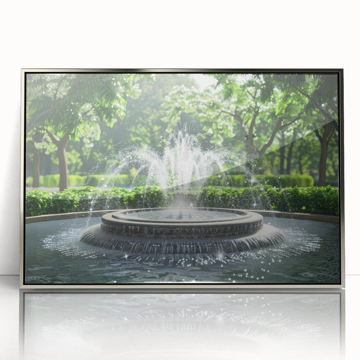 Mid-century modernist art of a geometric fountain design in silver tones on a framed acrylic, ideal for nursery wall decor.