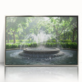 Mid-century modernist art of a geometric fountain design in silver tones on a framed acrylic, ideal for nursery wall decor.