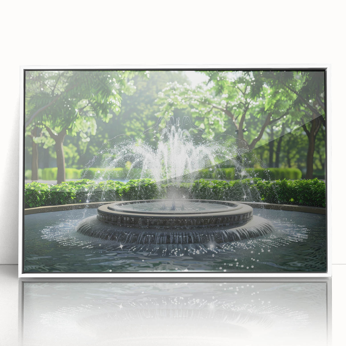 Art deco poster of an architectural fountain design in muted grays and whites on framed acrylic.