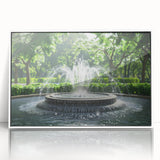 Art deco poster of an architectural fountain design in muted grays and whites on framed acrylic.