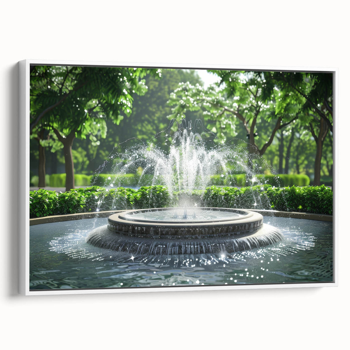 Vintage poster art of a monochrome architectural fountain design on a framed canvas, suitable for living room decor.