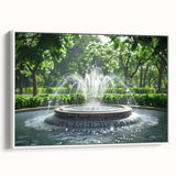 Vintage poster art of a monochrome architectural fountain design on a framed canvas, suitable for living room decor.