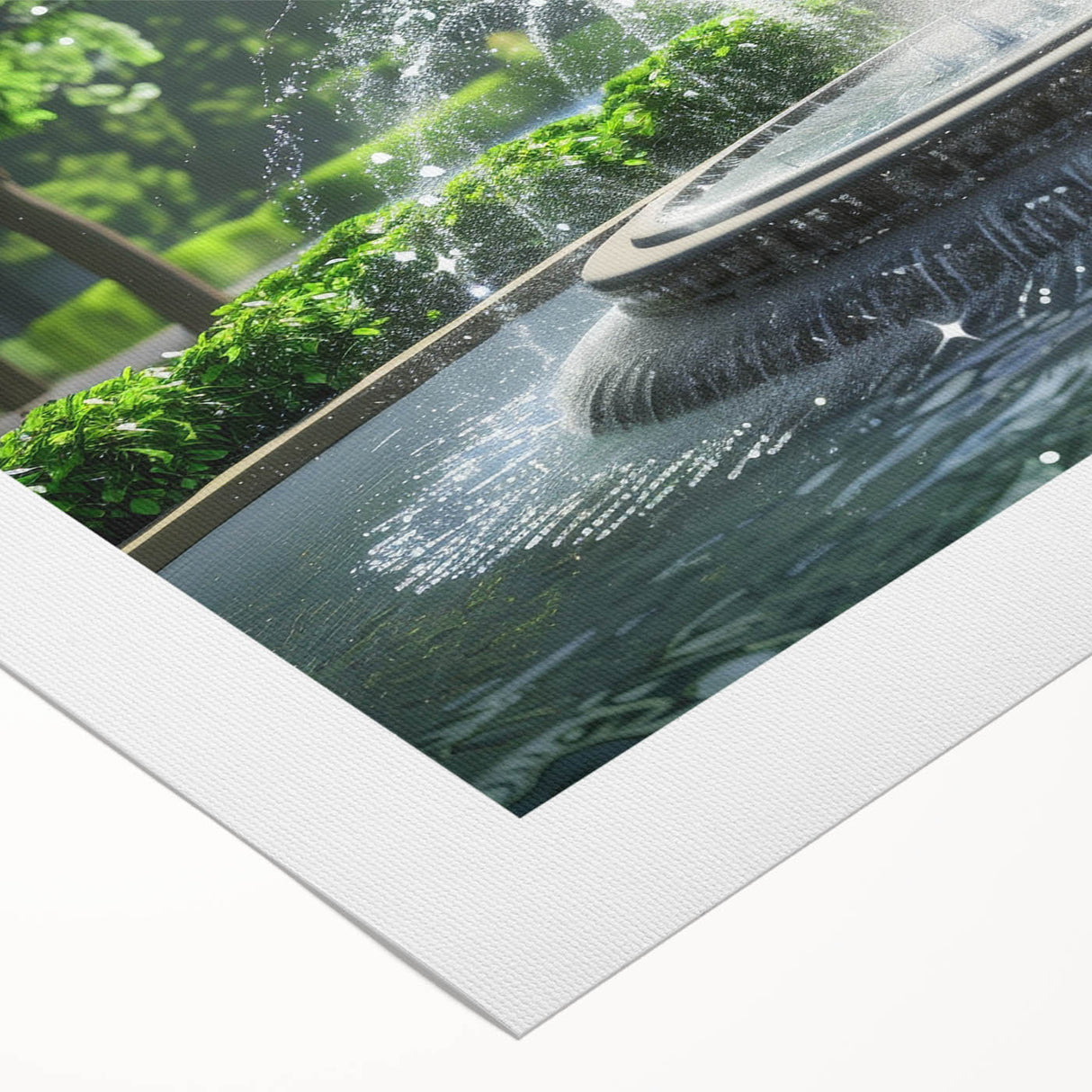 Art Deco poster featuring symmetrical fountain design in monochrome, printed on rolled canvas.