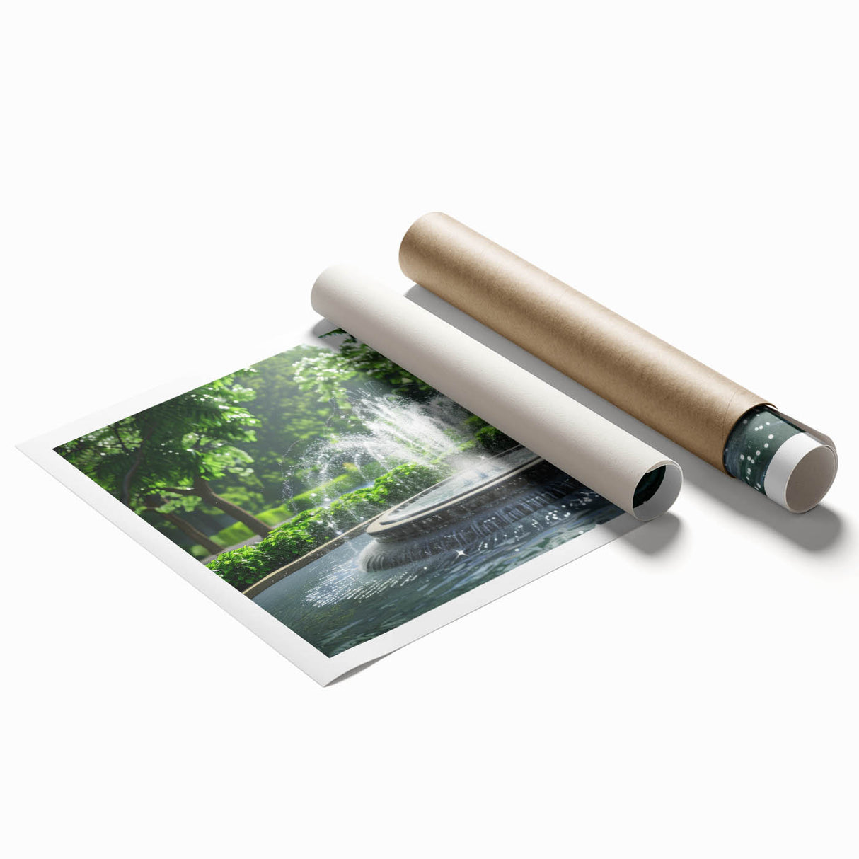 Extra large rolled print featuring a detailed floral art design on a fountain architecture background.