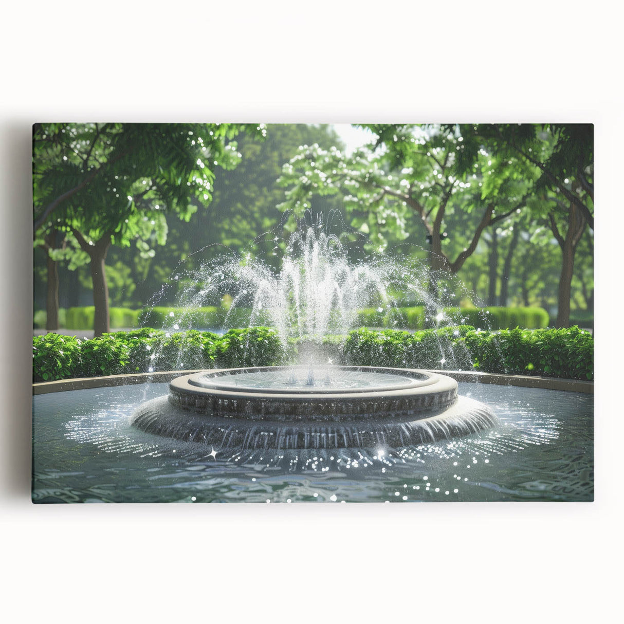 Large black and white stretched canvas of an architectural fountain design, suited for kitchen wall art.