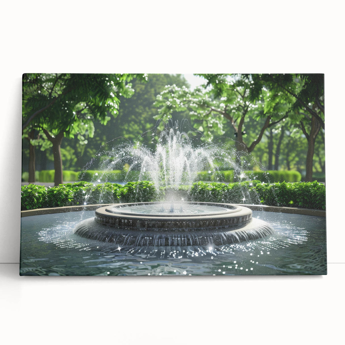 Black and white photo of an architectural fountain design on a stretched canvas.
