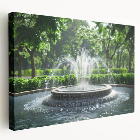 Large canvas print of a modern architectural fountain design in muted gray tones, ideal for kitchen wall art.
