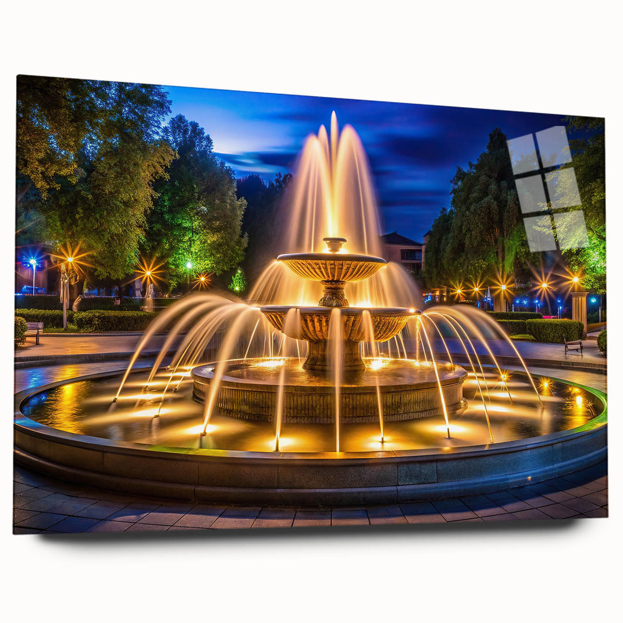 Large abstract wall art on acrylic glass featuring a fountain design in muted blues and grays.