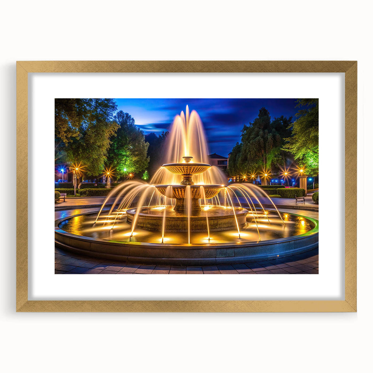 Extra large abstract art print featuring textured fountain design in gold tones on a framed canvas.