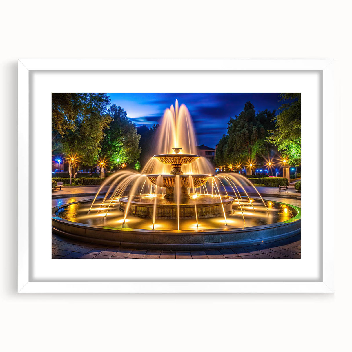 Textured abstract art print featuring a fountain design in muted gray and blue tones, framed with a white mat.