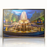Mid-century modernist acrylic print of an architectural fountain design in gold tones, framed.