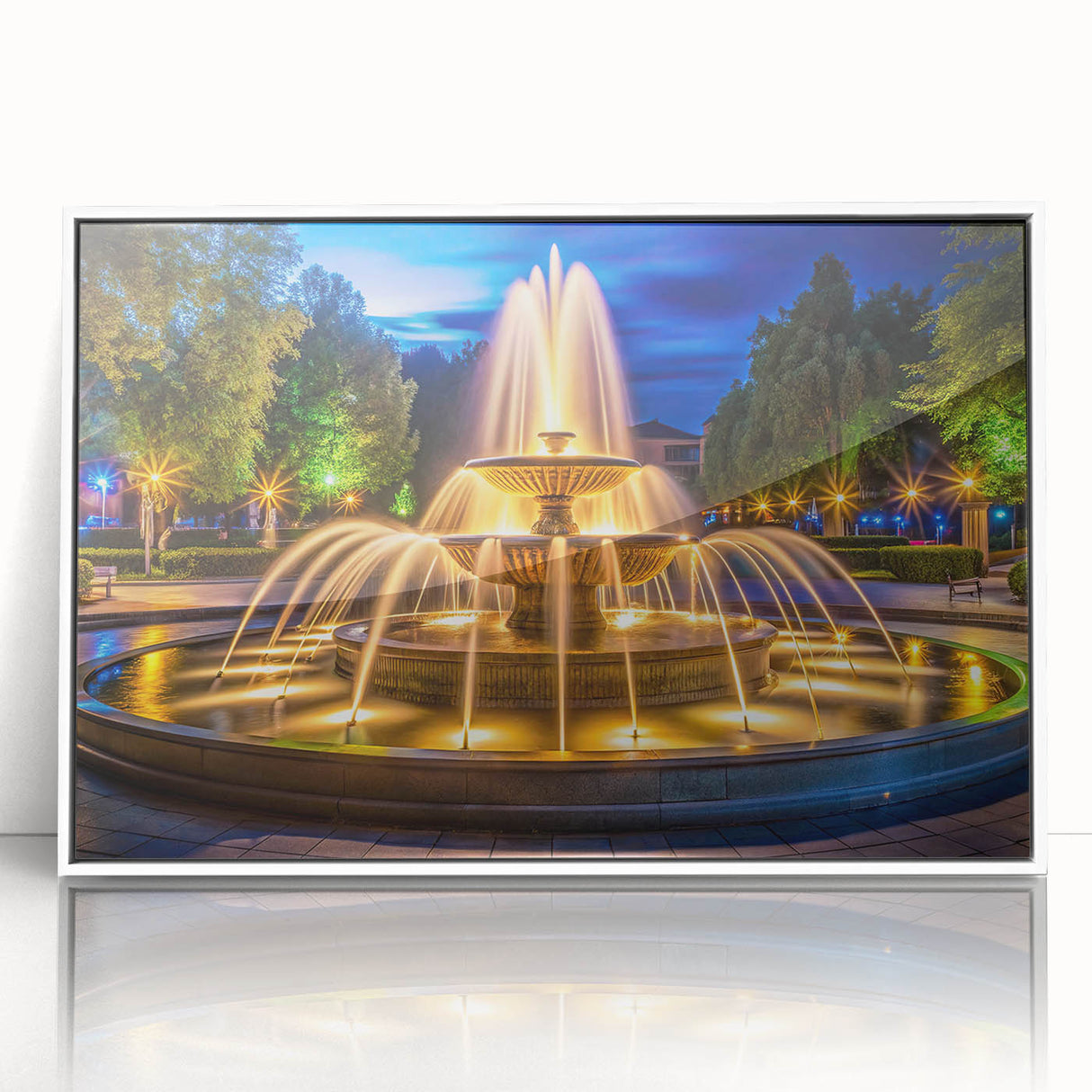 Art Deco style poster of a fountain with geometric designs in muted gray, framed in white acrylic.