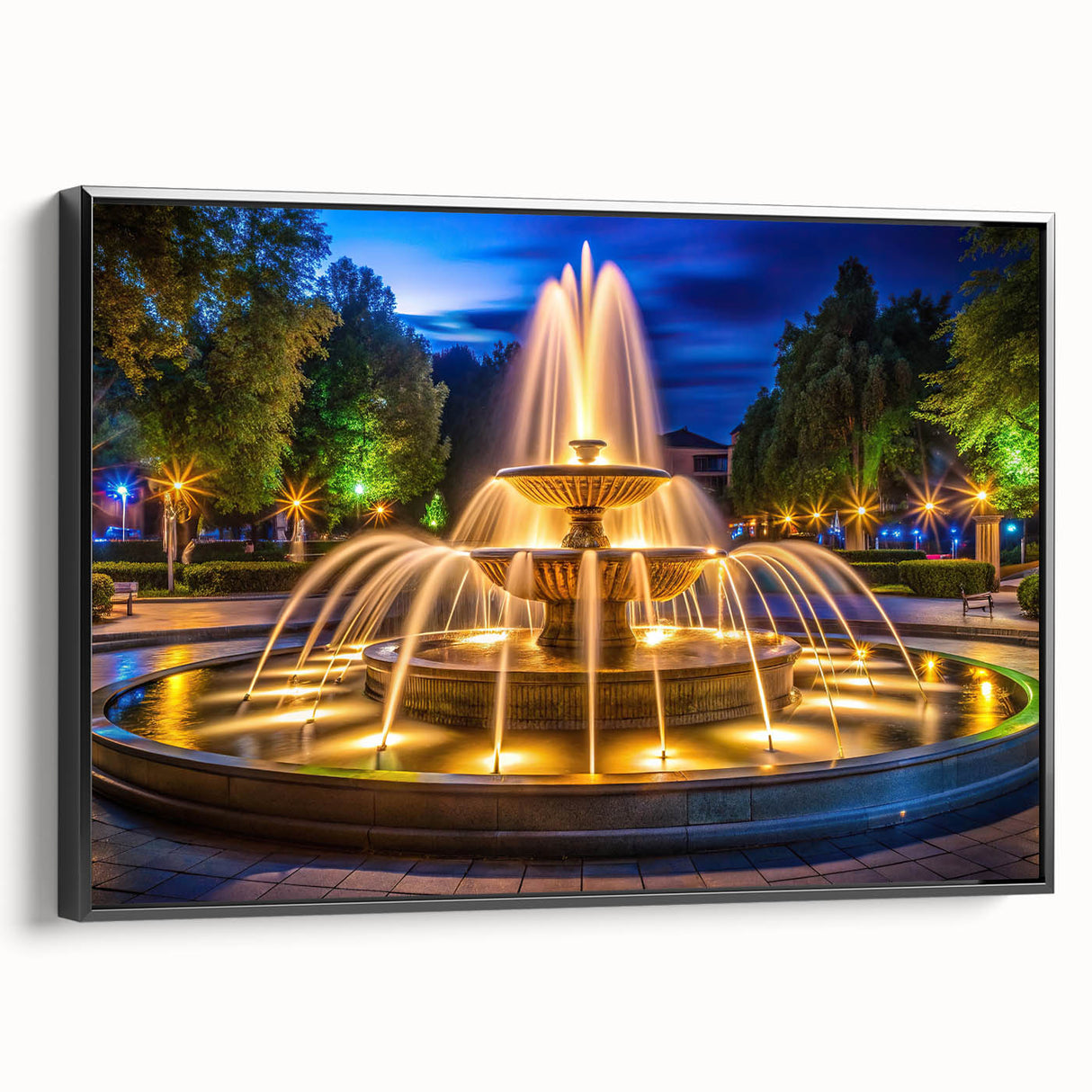 Black and white framed canvas featuring a vintage-style architectural fountain design, ideal for bedroom wall decor.