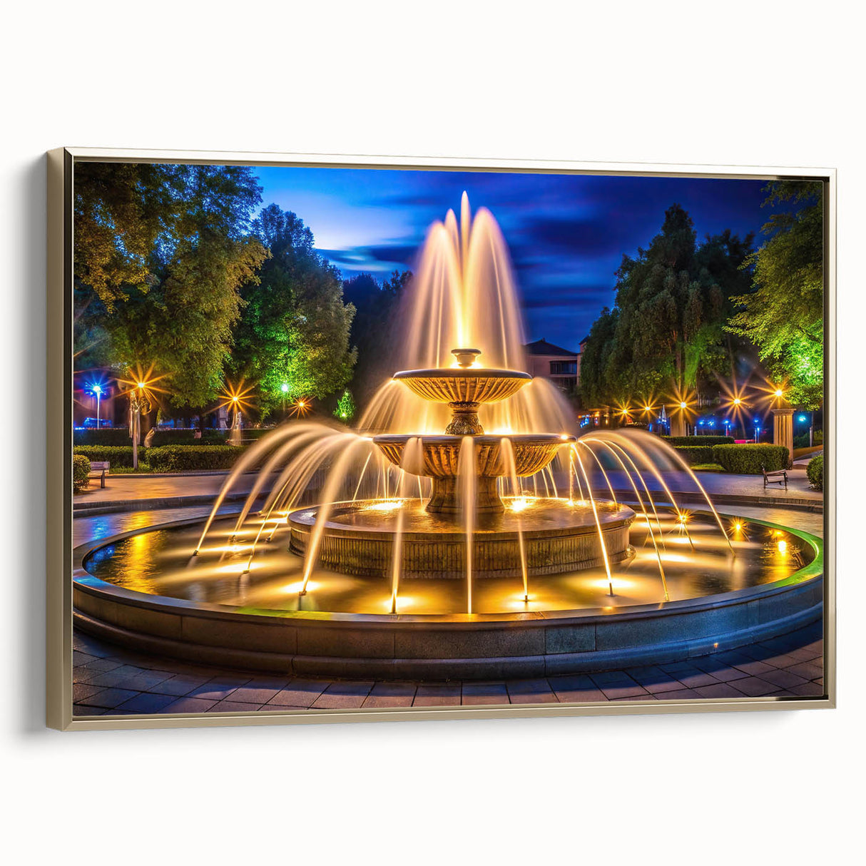 Framed canvas featuring a vintage poster of a landscape with a fountain in muted gold and black tones.