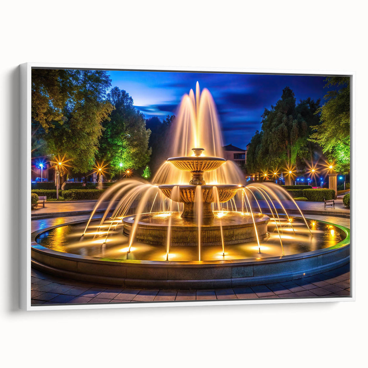 Vintage poster art of a fountain design on framed canvas, using a black and colorful palette, ideal for living room decor.