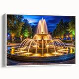 Vintage poster art of a fountain design on framed canvas, using a black and colorful palette, ideal for living room decor.