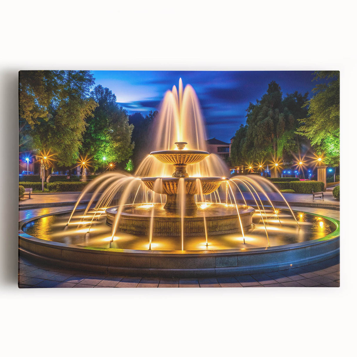 Black and white photo of a fountain on stretched canvas, ideal for kitchen wall art.