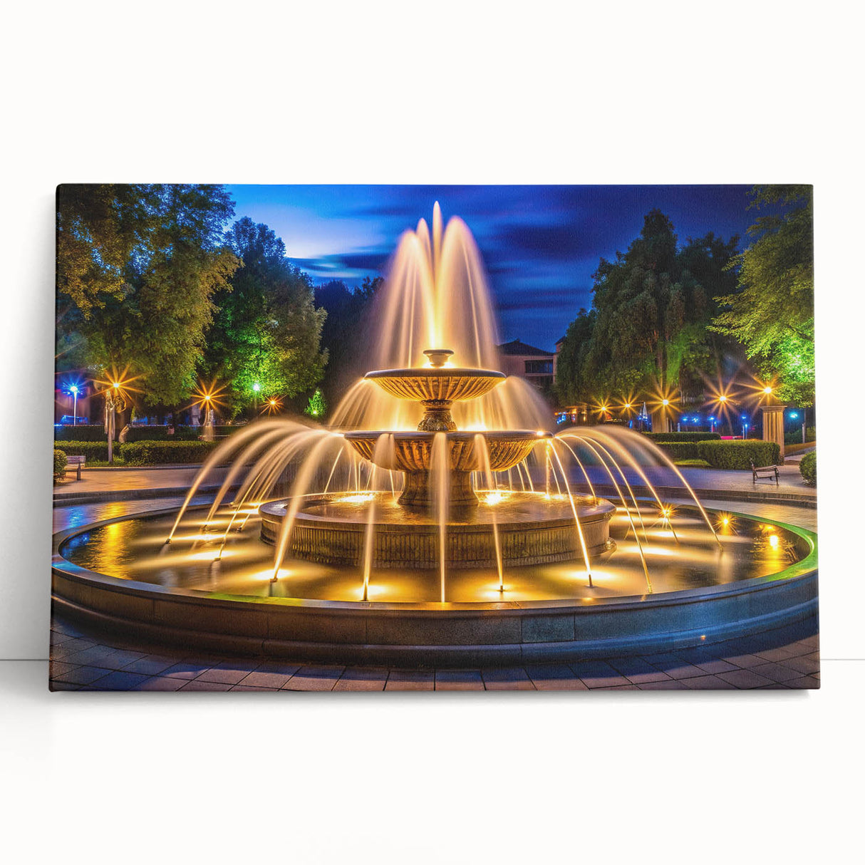 Large black and white stretched canvas of a fountain design, ideal for kitchen wall art or bedroom ambiance.