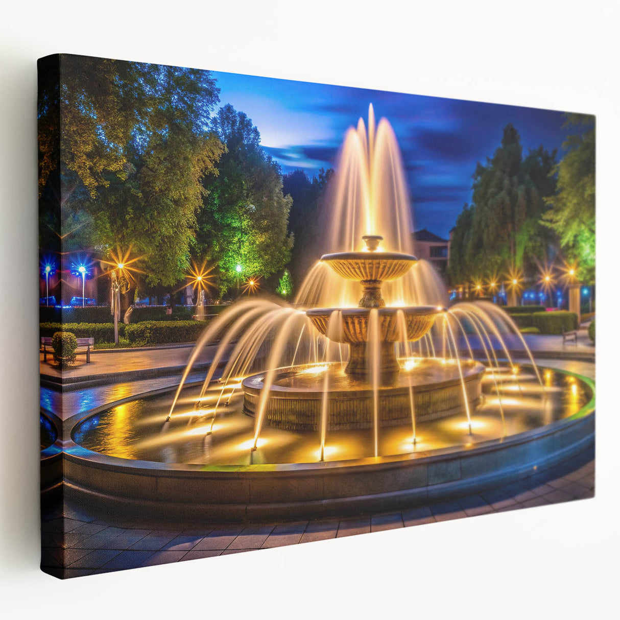 Large stretched canvas featuring an architectural fountain design in muted gray tones, ideal for kitchen wall art.
