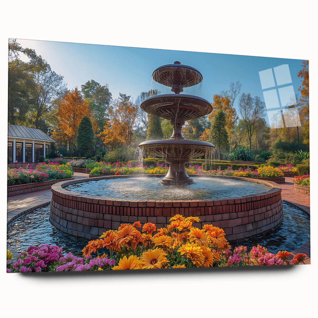 Large abstract wall art on acrylic glass depicting a minimalist fountain design in muted blue and gray tones.