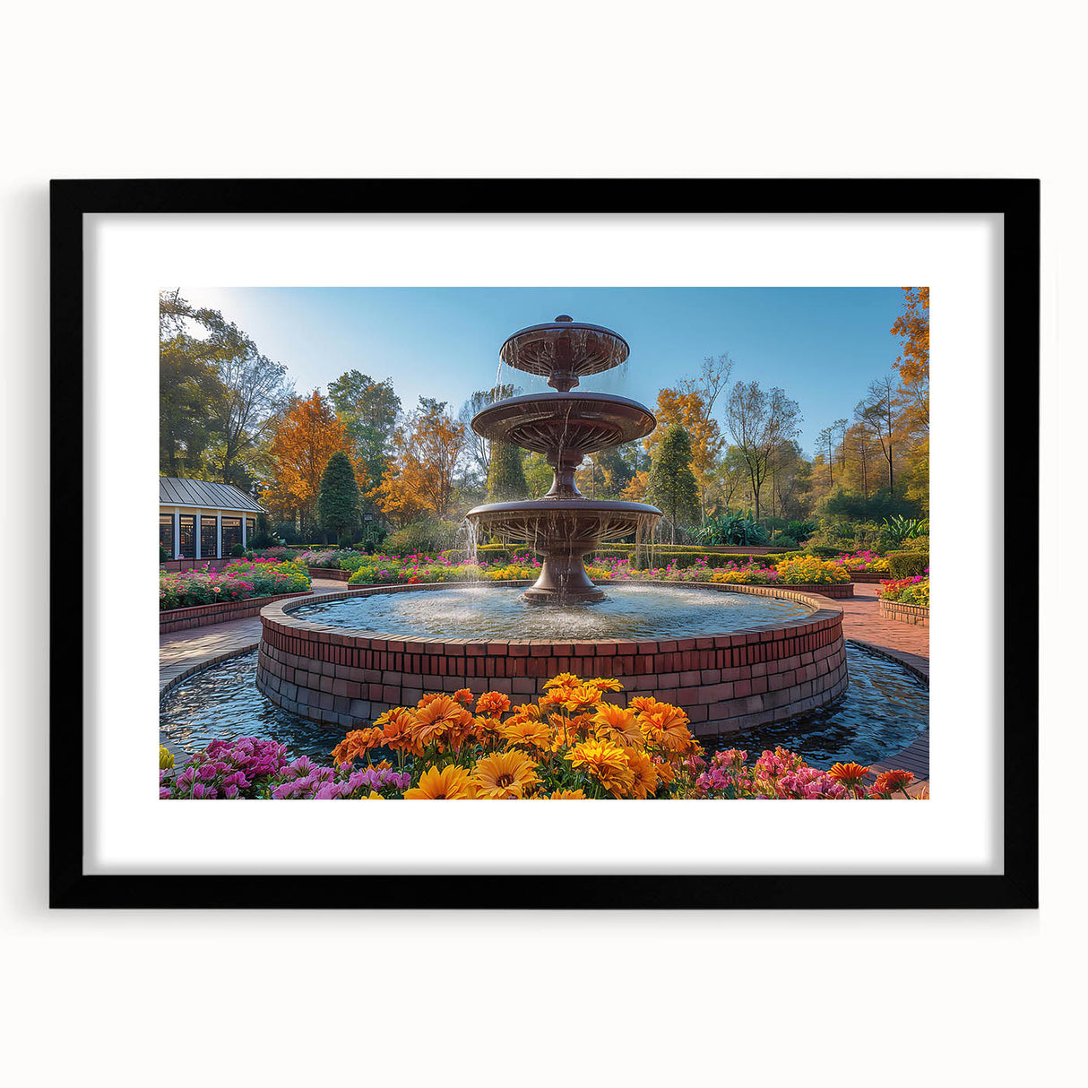Extra large abstract art print featuring a colorful, textured fountain design on a black framed canvas.