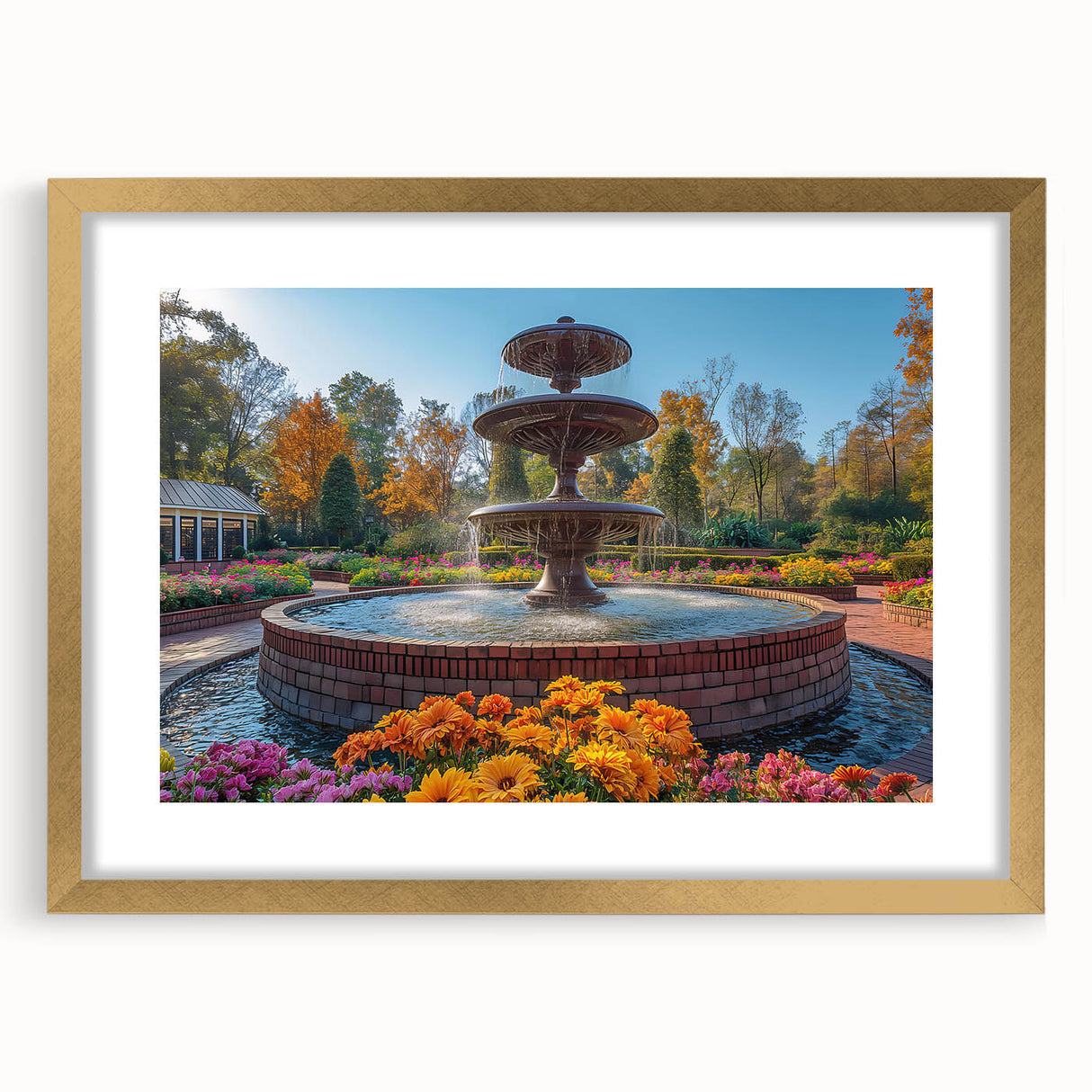 Extra large abstract art print featuring a textured fountain design in gold tones, framed with a mat.