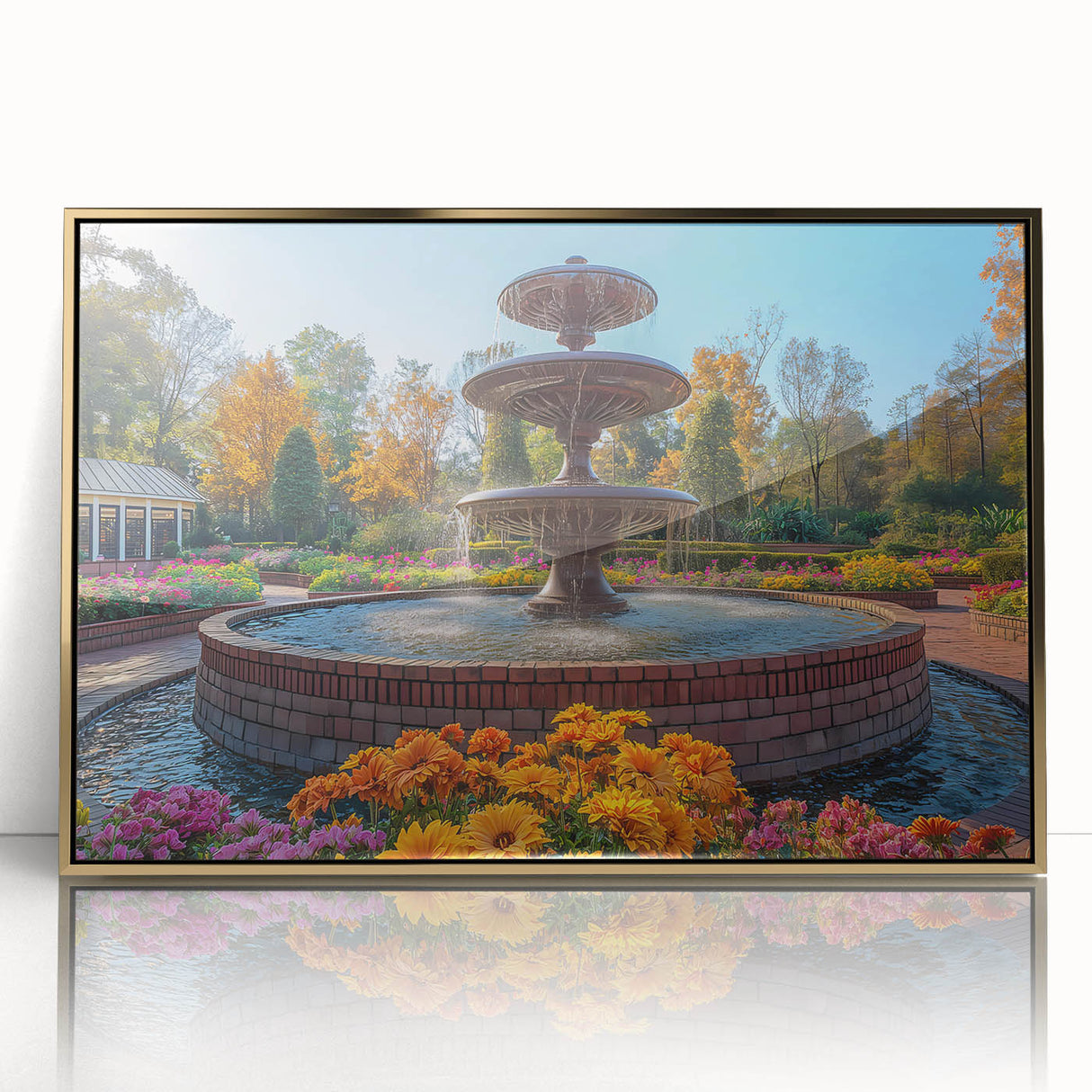 Large art print of a mid-century modernist fountain design in gold and black tones on a framed acrylic.